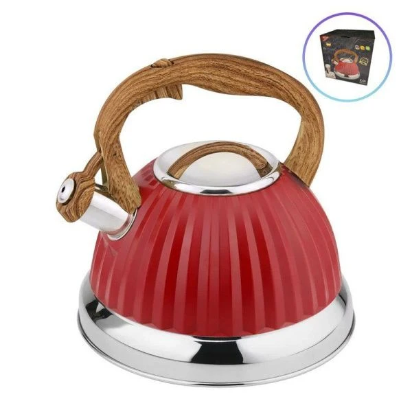 Чайник со свиском 3л нерж.сталь красный, для всех видов плит (12)