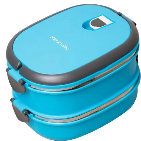 Ланч-бокс 2-х секционный 1,8л 20*14,5*13,5см нерж.сталь/пластик (голубой, салатовый, оранжевый) (36)