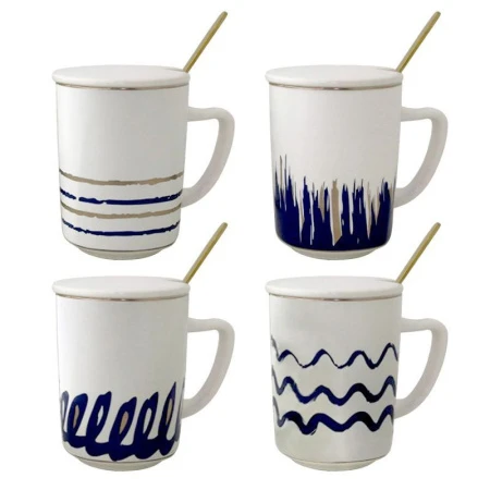 Кружка 350мл керамика с крышкой и ложкой 4 вида подар.уп JC-11373 (60)