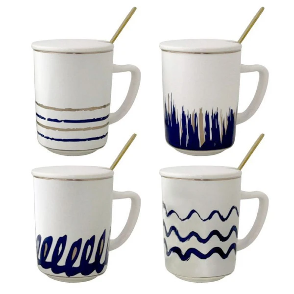 Кружка 350мл керамика с крышкой и ложкой 4 вида подар.уп JC-11373 (60)