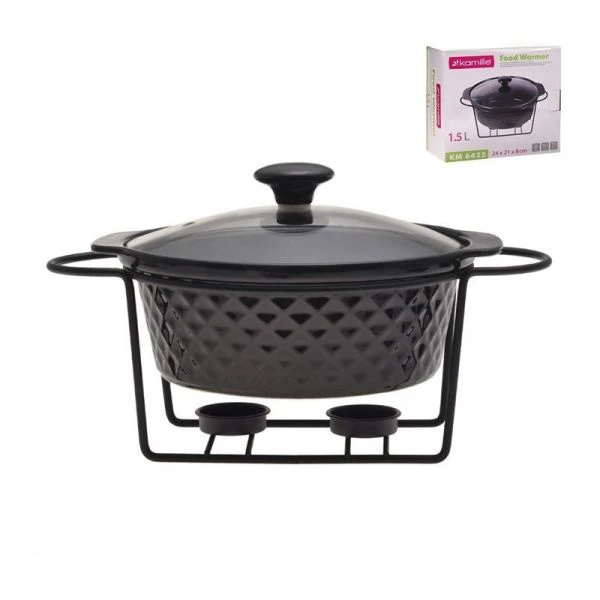 Мармит 1,5л 24*21*8см керамика круглый 2 свечи мет.подставка черный арт.6425 (4)