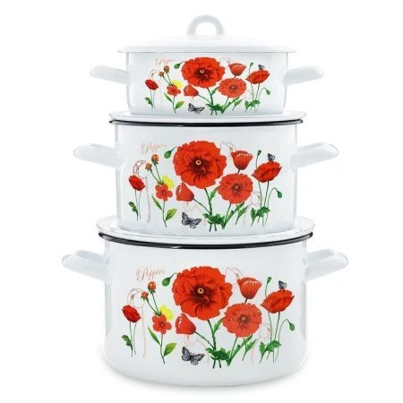 Набор кастрюль 3пр 1,45/2,9/4,3л эмаль КРАСНЫЕ МАКИ цилиндрический (1)