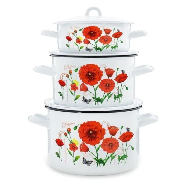 Набор кастрюль 3пр 1,45/2,9/4,3л эмаль КРАСНЫЕ МАКИ цилиндрический (1)