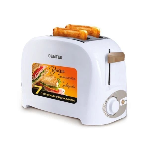 Тостер пластик Centek CT-1420 белый 750Вт, 7 уровней прожарки, теплоизол.корпус, функция отмены