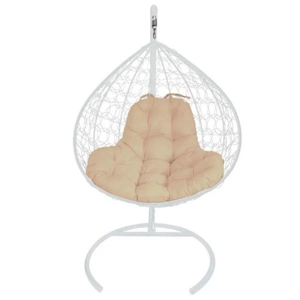 Кресло подвесное XL с ротангом 118*108*186см металл белое, бежевая подушка (max нагр. 120кг)