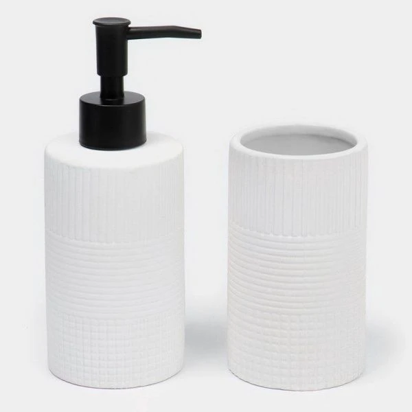 Набор для ванной комнаты ПОЛОСЫ 4 пр (мыльница, дозатор для мыла,  2 стакана )