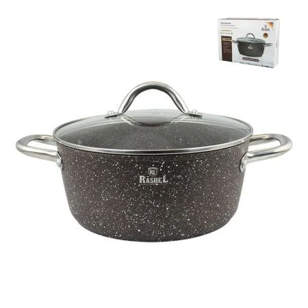 Кастрюля 6,5л литая алюминий АП гранитно-каменное со стекл.крышкой 28см коричневая индукция (6)