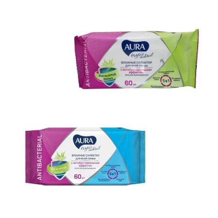Влажные салфетки АУРА ТРОПИК 60шт антибактериальные (24)