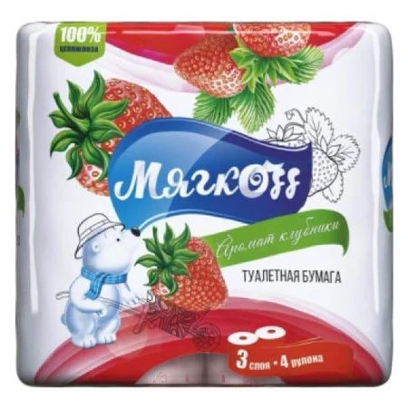 Бумага туалетная МЯГКОФФ 4шт белая с принтом 3-х слойная с втулкой с ароматом клубники ТБ,М,3,4 вт (12)
