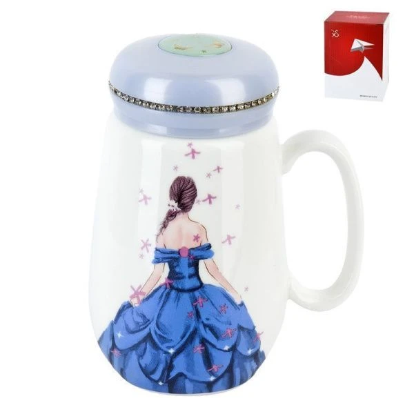 Кружка 500мл фарфор Lady голубая с крышкой подар.уп. (60)