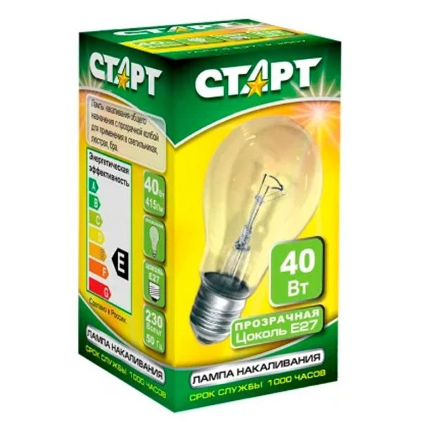 Лампа накаливания стекло СТАРТ Б 40Вт 225-235V Е27 лон, прозр. в упаковке (10/50)