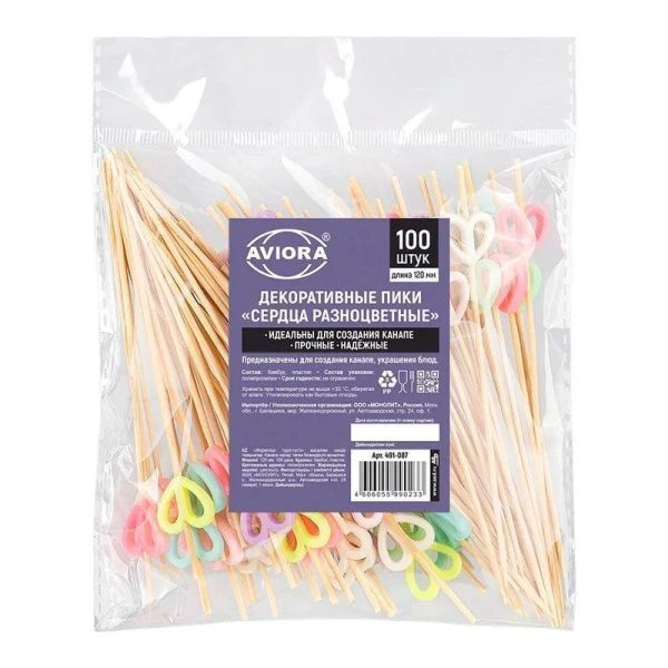 Шпажки для канапе 12см 100шт бамбук Сердца разноцветные в пакете PATERRA (50)