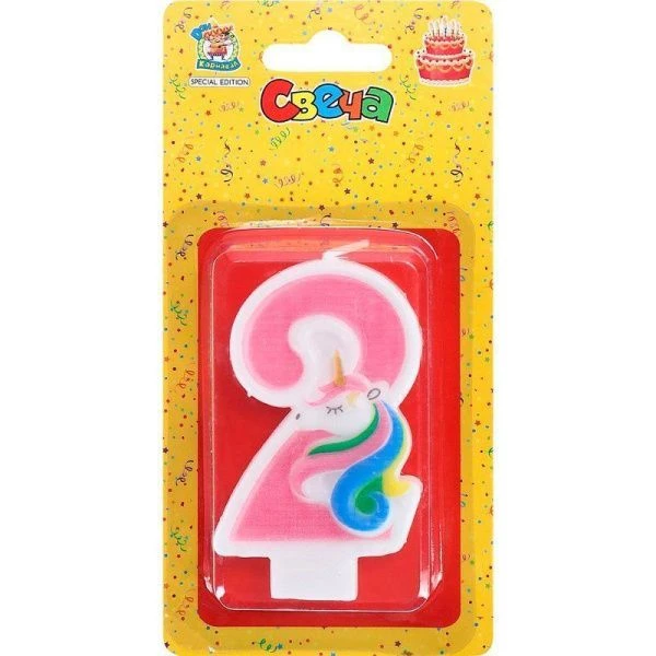 Свеча для торта Милый единорог розовая Цифра 2 С-5936