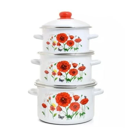 Набор кастрюль 3пр 2/3/4л эмаль КРАСНЫЕ МАКИ цилиндрический (1)