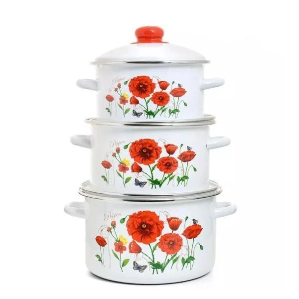 Набор кастрюль 3пр 2/3/4л эмаль КРАСНЫЕ МАКИ цилиндрический (1)