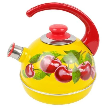 Чайник со свистком 3,5л эмаль ВИШНЕВЫЙ САД желтый конс.ручка красная белая декор нерж (4)