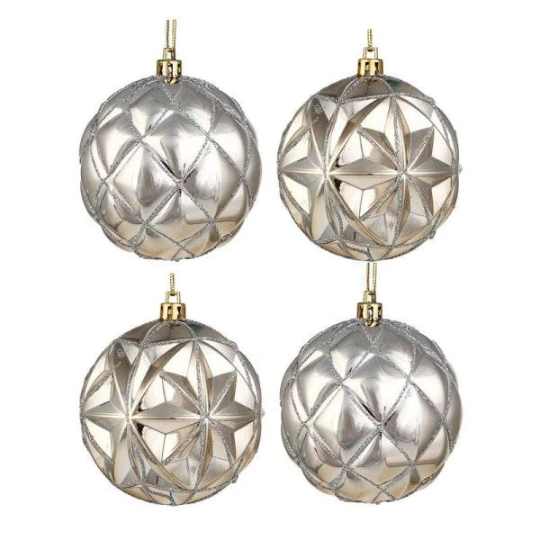 Набор формовых шаров 4шт 8см с декором , шампань, 2 дизайна, пластик СНОУ БУМ