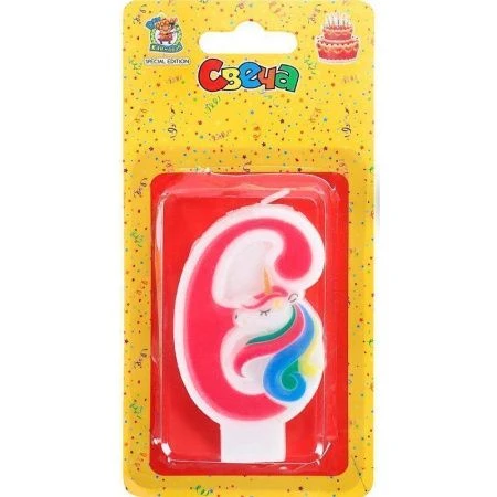 Свеча для торта Милый единорог розовая Цифра 6