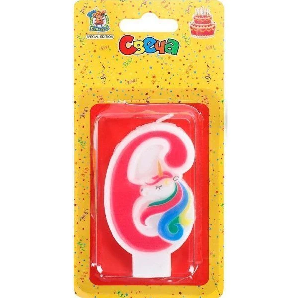 Свеча для торта Милый единорог розовая Цифра 6