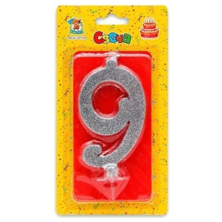 Свеча для торта Серебряный глиттер (большая) Цифра 9