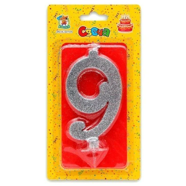 Свеча для торта Серебряный глиттер (большая) Цифра 9