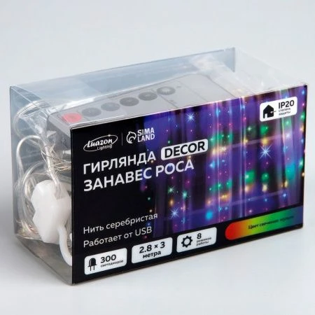 Гирлянда светодиодная Занавес Роса 2,8*3м USB, крючки, пульт, мульти свет