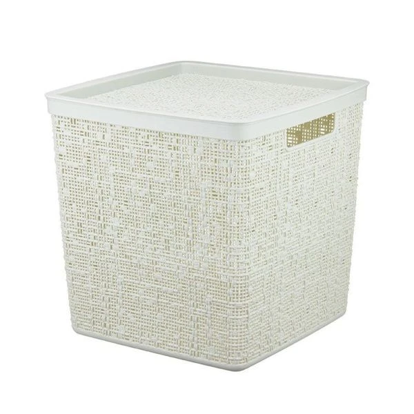 Корзина 17л 28*28*28см пластик БЯЗЬ белый ротанг с крышкой (8)