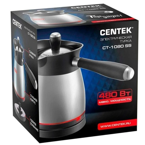 Турка электрическая нерж.сталь Centek CT-1080 стальная 480Вт объем 500мл, съемная мягкая ручка