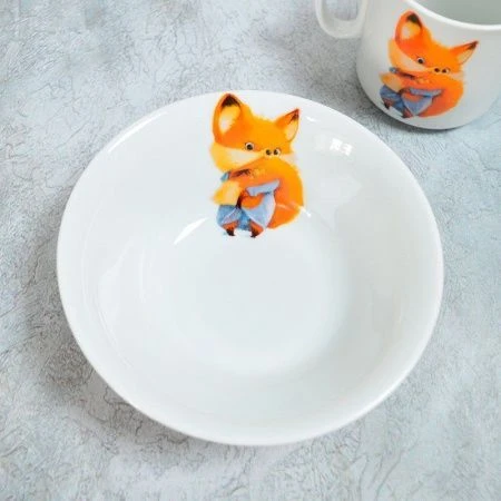 Набор детской посуды 3пр (тарелка губокая 200мл, мелкая тарелка 175мм, кружка 200мл) фарфор КРОХА Лисичка Идиллия (10)