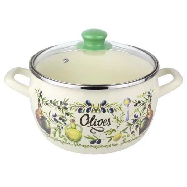 Кастрюля 2,2л эмаль ОЛИВА эксклюзив стекл.крышка 2821 (6)