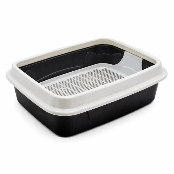 Туалет для кошек большой с сеткой и бортиком 33,4*44,7*14,7см пластик т.серый/черный (7)