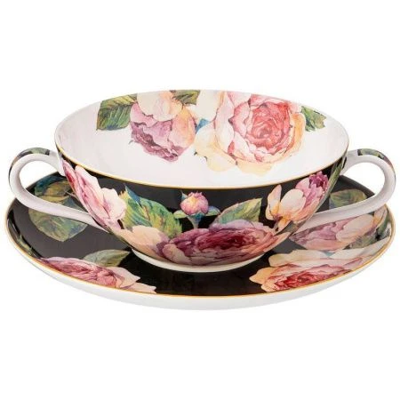 Бульонница с блюдцем 450мл фарфор ВИНТАЖ.ПИОНЫ черная (24)