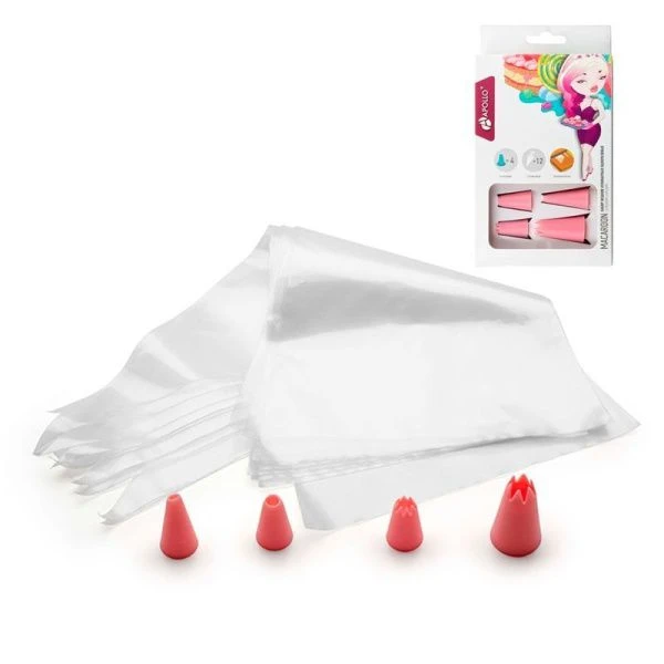 Мешок кондитерский набор 12шт одноразовый 4 насадки пластик Macaroon MCR-01 (12)