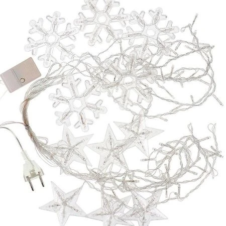 Новогоднее украшение Гирлянда 3,5м штора со снеж и звездами, прозрачная нить, 12звезд+126 цв