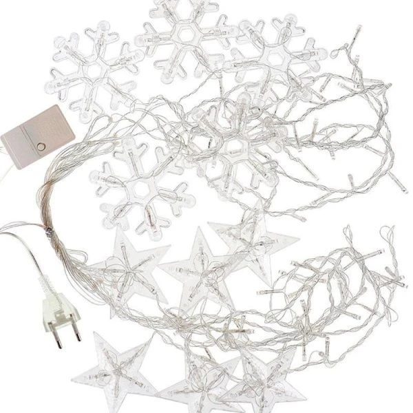 Новогоднее украшение Гирлянда 3,5м штора со снеж и звездами, прозрачная нить, 12звезд+126 цв