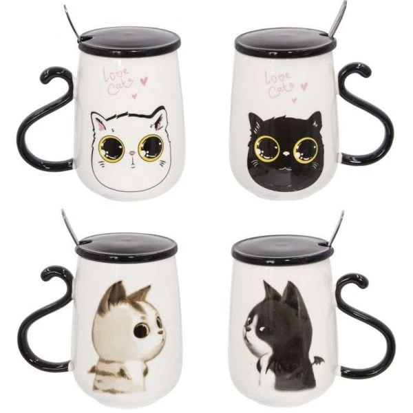 Кружка 500мл фарфор КОТЫ с крышкой и ложкой 13*9*12,5см, 4 вида подар.уп. (60)