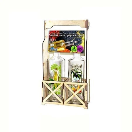 Бутылки для масла набор 2пр 500мл стекло с мет.дозатором на деревянной подставке (5)