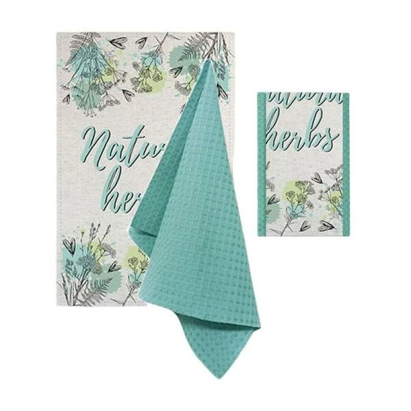 Полотенца кухонные набор 2шт 39*60/35*60см полулен+вафельное ТРАВЯНОЙ СБОР шелкография