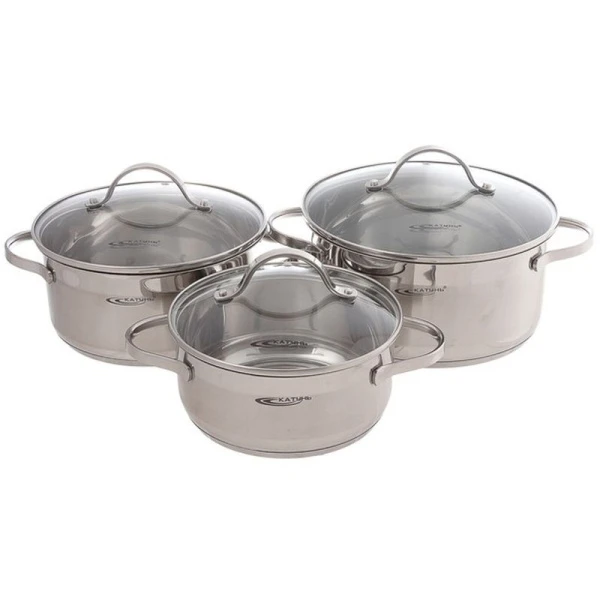 Набор кастрюль 3пр 2,2/3,2/4,2л нерж.сталь АЛЬТА стекл.крышки толщ.0,5мм индукция КТ-SET-005-2 (2)