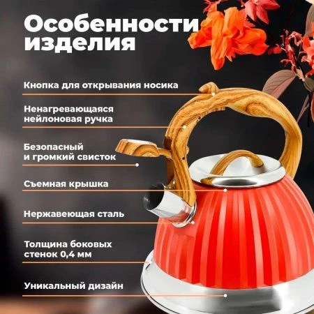 Чайник со свиском 3л нерж.сталь красный, для всех видов плит (12)
