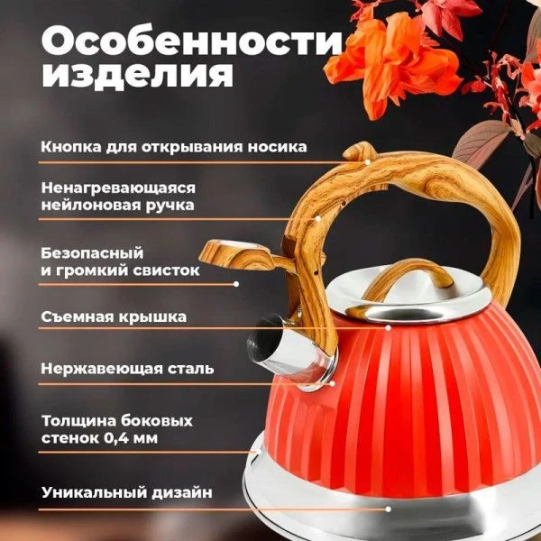 Чайник со свиском 3л нерж.сталь красный, для всех видов плит (12)