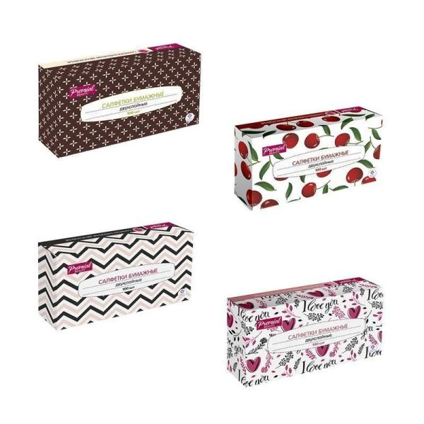 Салфетки бумажные набор 100шт 2-х слойные PREMIAL белые нон-стоп в коробке (21)