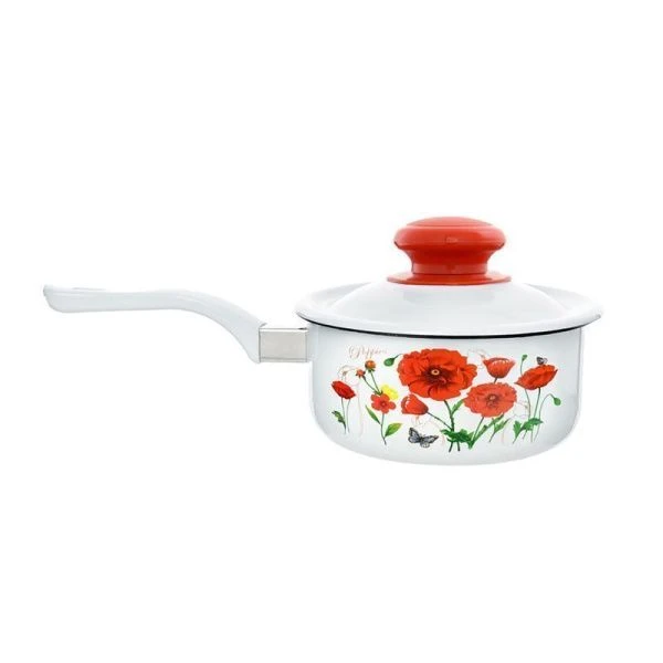 Ковш 600мл эмаль КРАСНЫЕ МАКИ с крышкой (6)