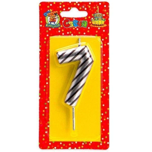 Свеча для торта в полоску серебряная Цифра 7 С-2526(12)