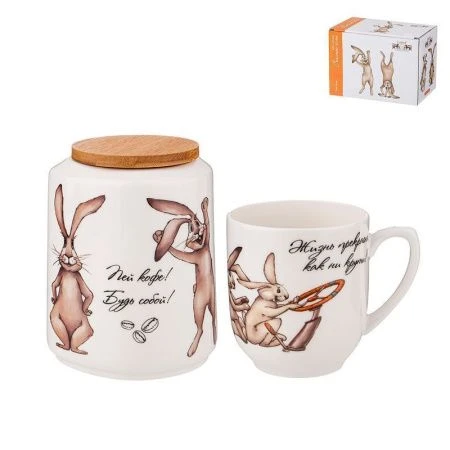 Чайный набор 2пр (банка с бамбук.крышкой 600мл, кружка 300мл) фарфор СЧАСТЬЕ ЕСТЬ (12)