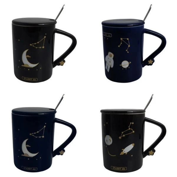 Кружка 480мл фарфор с крышкой и ложкой Starry sky, 4 вида подар.уп. (60)