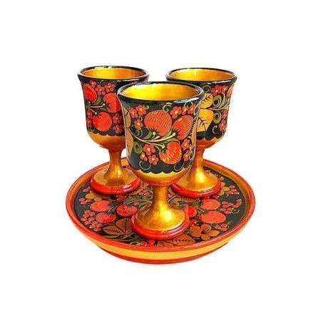 Набор для вина дерево (3 фужера, тарелка 19см) Хохлома (1)