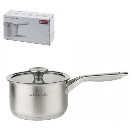 Ковш 1,6л нерж.сталь МОНО ХРОМ стекл.крышка 16*9,5см клеп.ручк 304 GR02-D-K