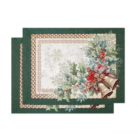 Салфетки новогодние набор 2шт 35*45см гобелен КОЛОКОЛЬЧИКИ зел.бордюр золотой люрекс
