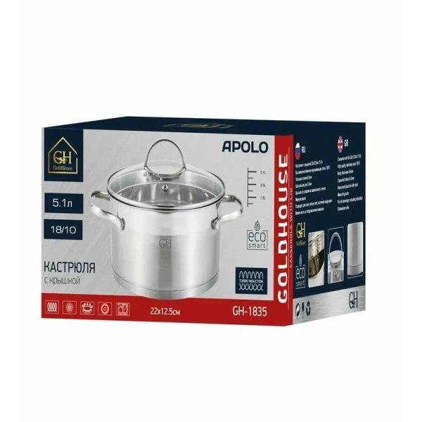 Кастрюля 5,1л нерж.сталь APOLO со стекл.крышкой 22см h12,5см GH-1835 (4)